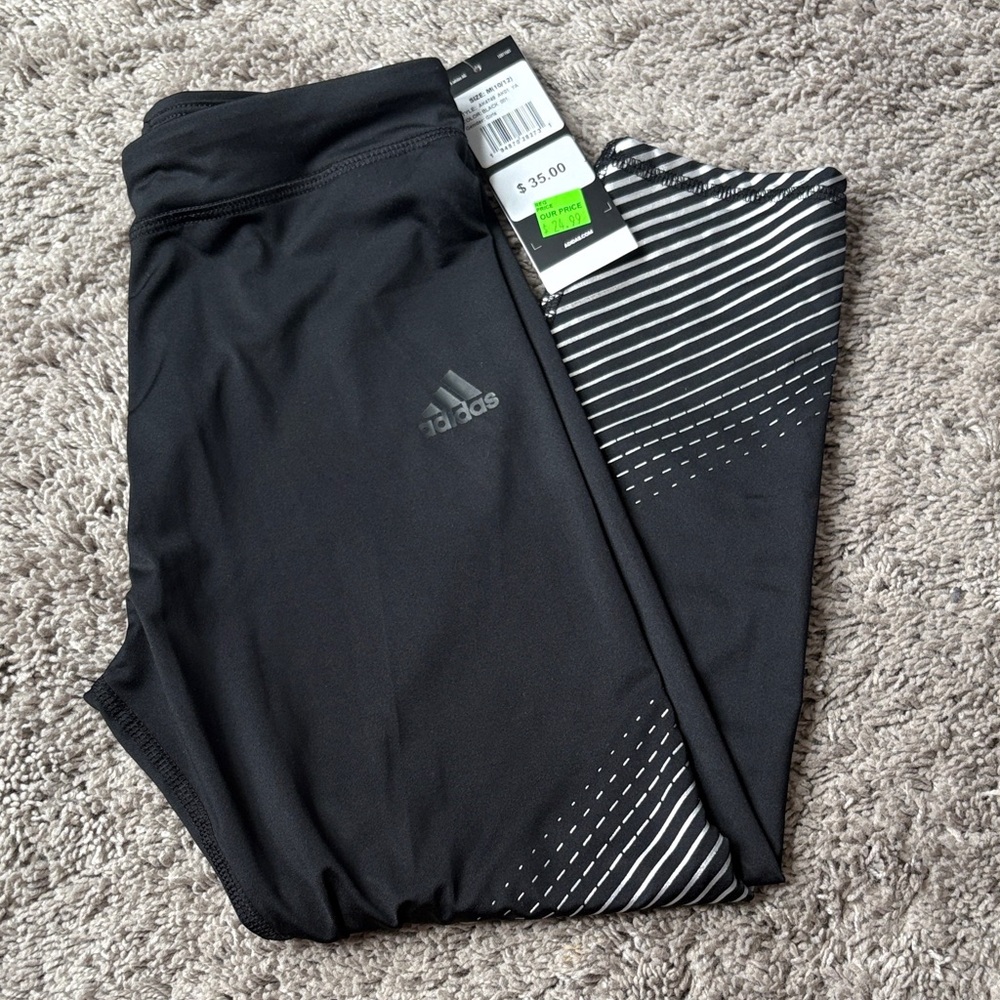 Adidas Black Leggings with White and Silver Striped Accent